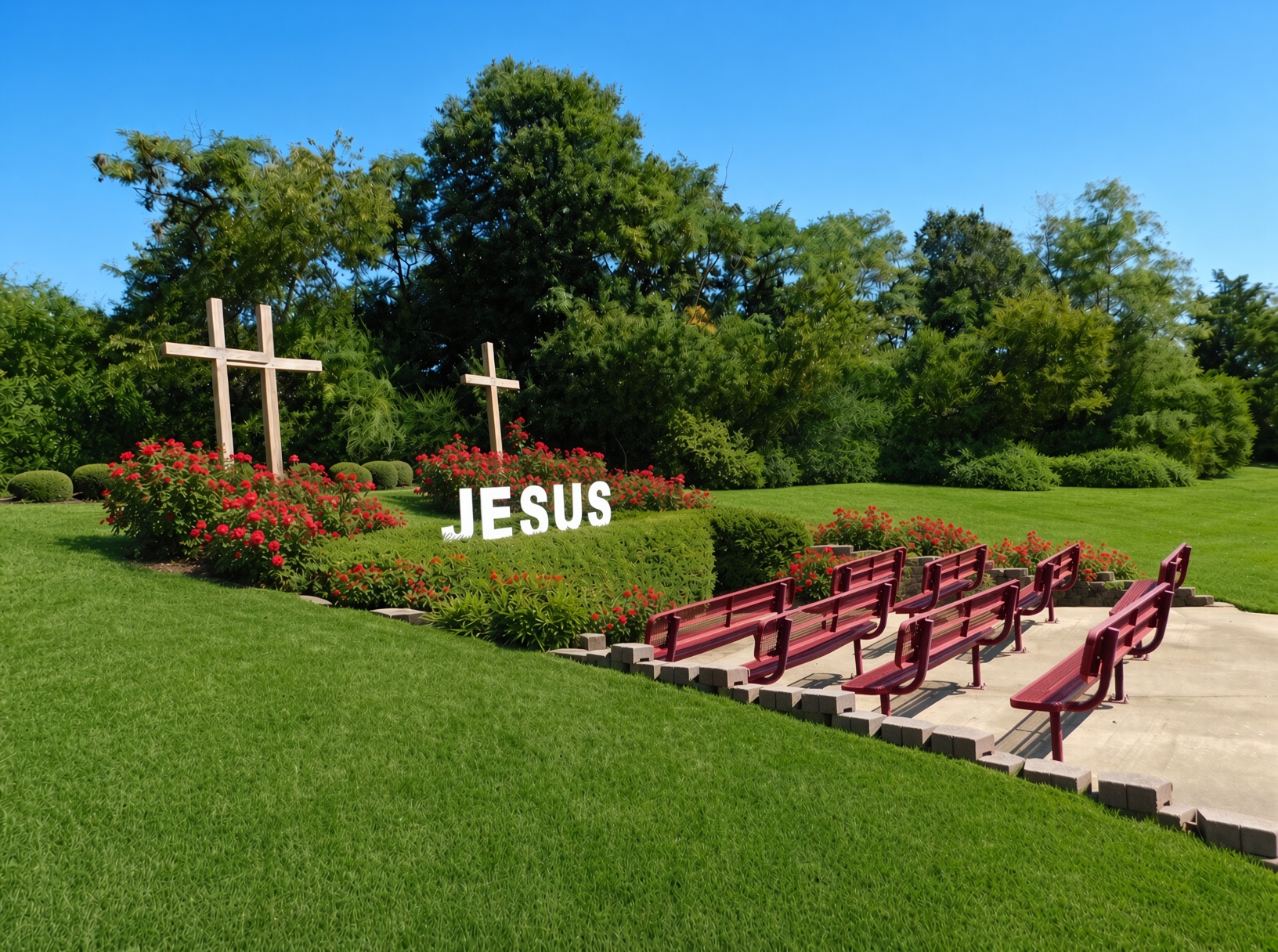 Crosses and the JESUS garden at Cathedral Baptist Church